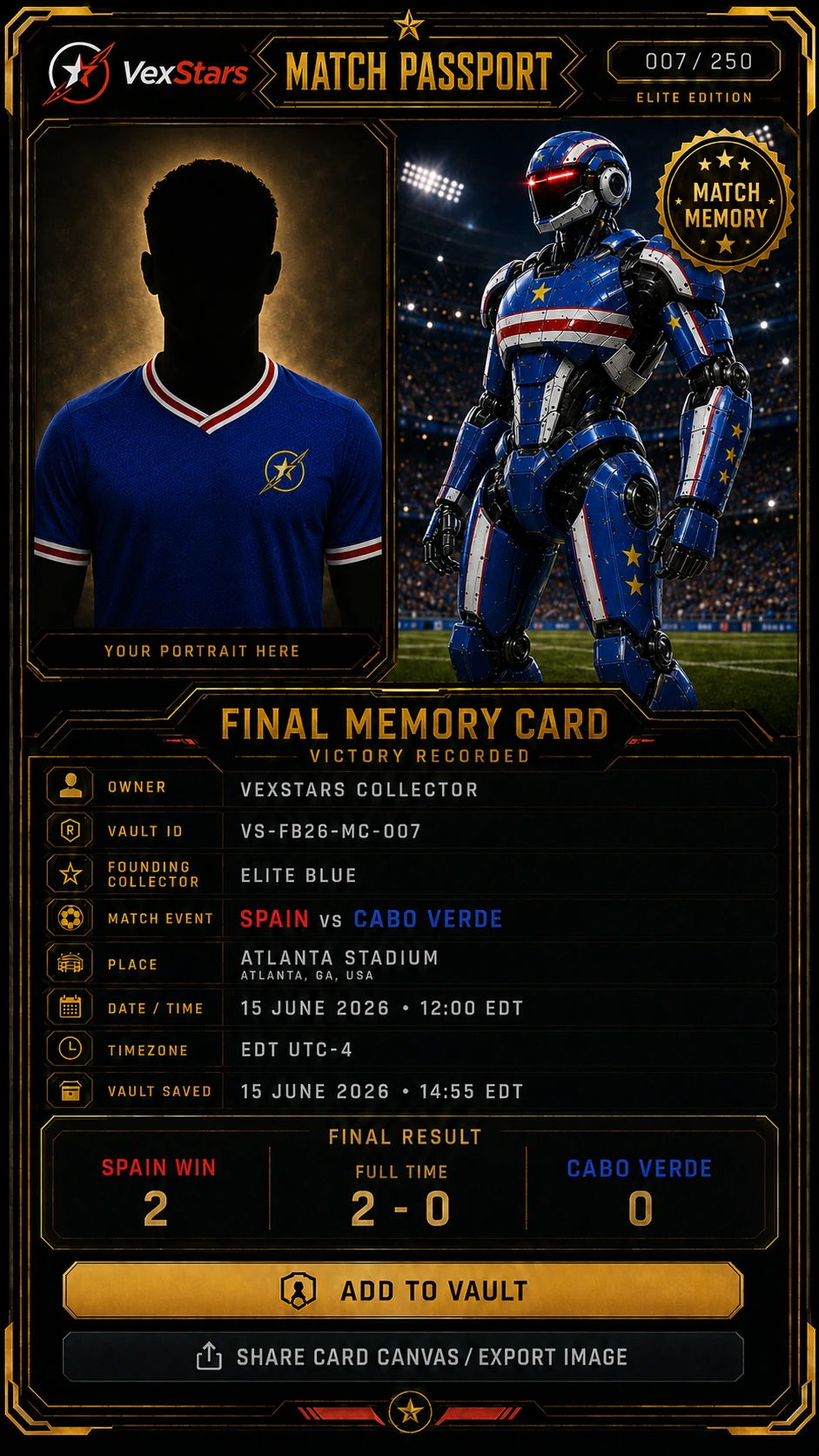 Example limited match edition portrait card from VexStars